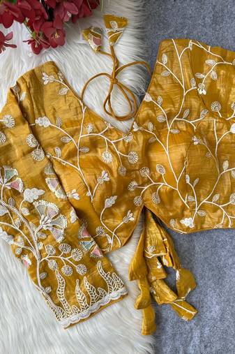Gold navratri embroidered space silk blend designer blouse