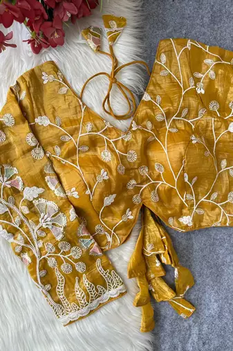 Gold navratri embroidered space silk blend designer blouse