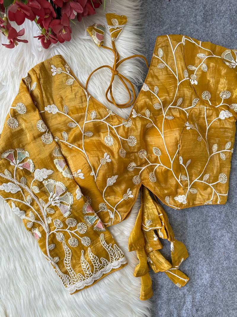 Gold navratri embroidered space silk blend designer blouse