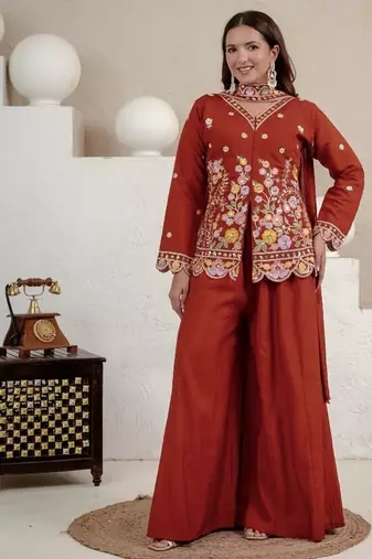 Rust embroidery roman silk full stitched sarara plazo