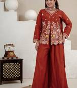 Rust embroidery roman silk full stitched sarara plazo