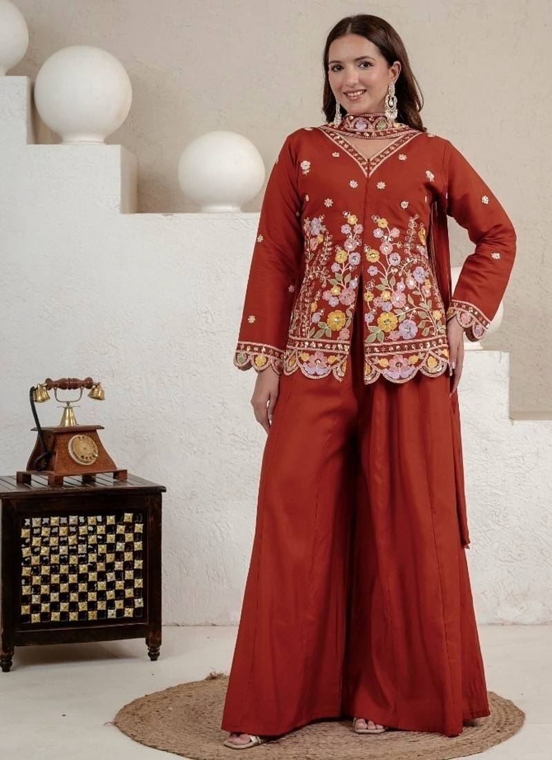 Rust embroidery roman silk full stitched sarara plazo