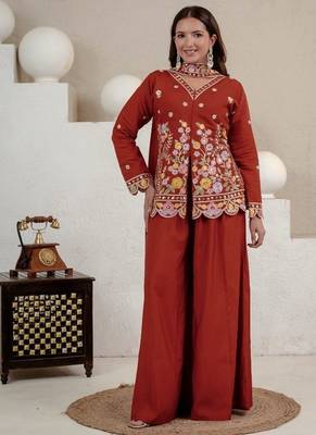 Rust embroidery roman silk full stitched sarara plazo 2