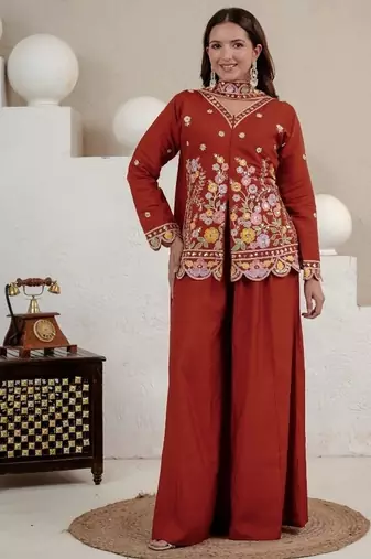 Rust embroidery roman silk full stitched sarara plazo