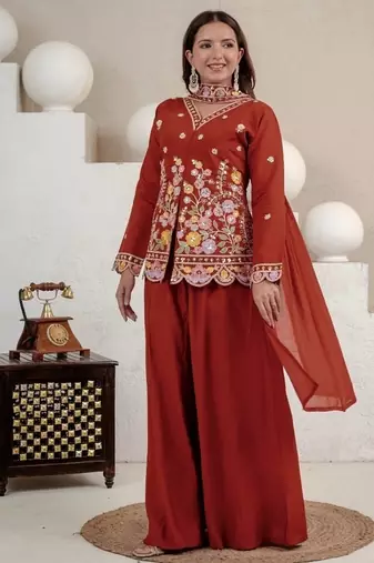Rust embroidery roman silk full stitched sarara plazo