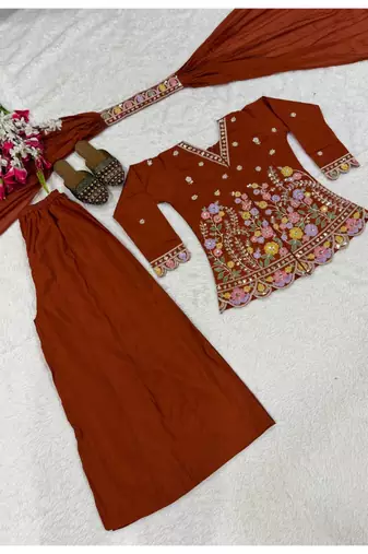 Rust embroidery roman silk full stitched sarara plazo