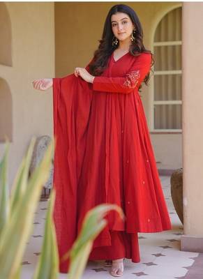 Red embroidery brocade full stitched anarkali suit 1