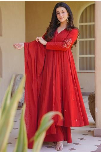 Red embroidery brocade full stitched anarkali suit