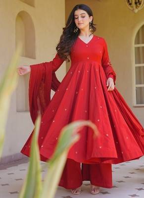 Red embroidery brocade full stitched anarkali suit 3
