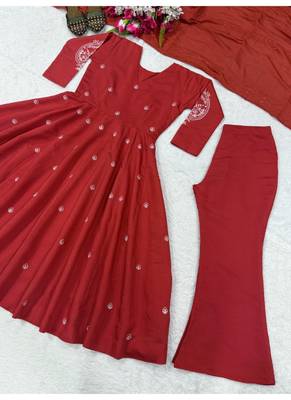 Red embroidery brocade full stitched anarkali suit 4