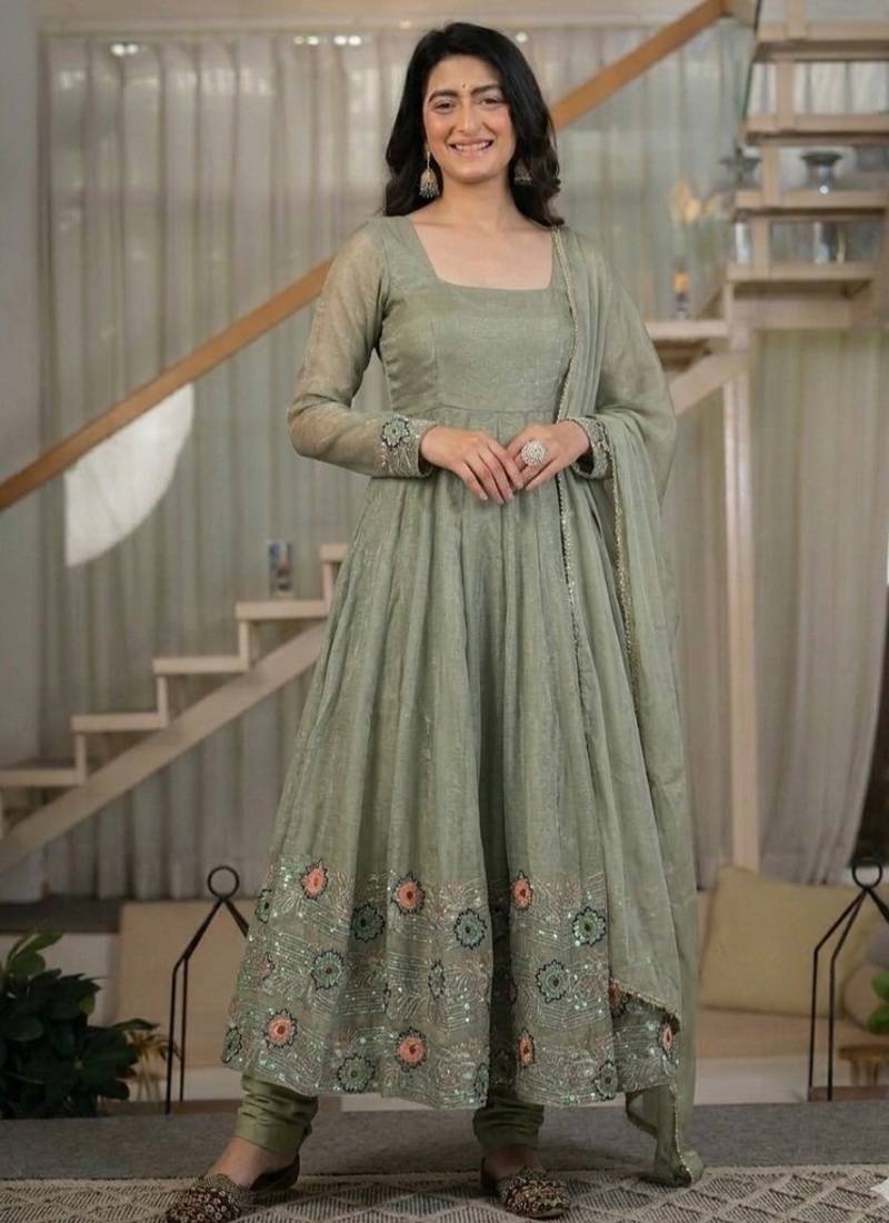 Mahendi embroidery crunchy silk full stitched anarkali suit
