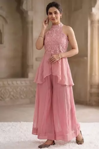 Baby pink embroidery fandy crush full stitched sarara plazo