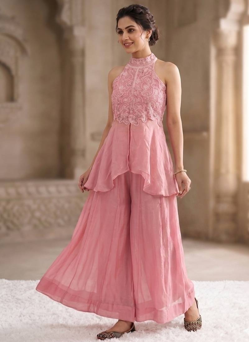 Baby pink embroidery fandy crush full stitched sarara plazo