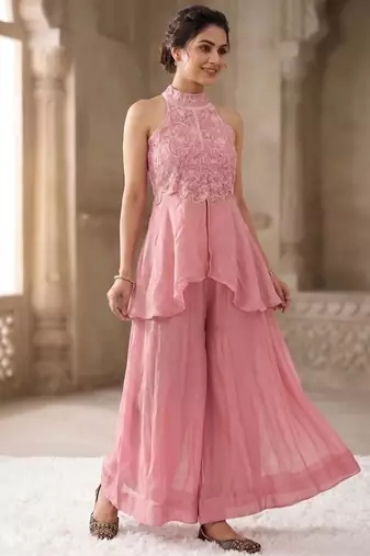 Baby pink embroidery fandy crush full stitched sarara plazo