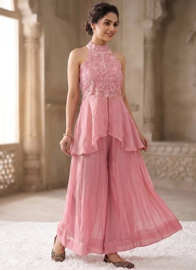 Baby pink embroidery fandy crush full stitched sarara plazo