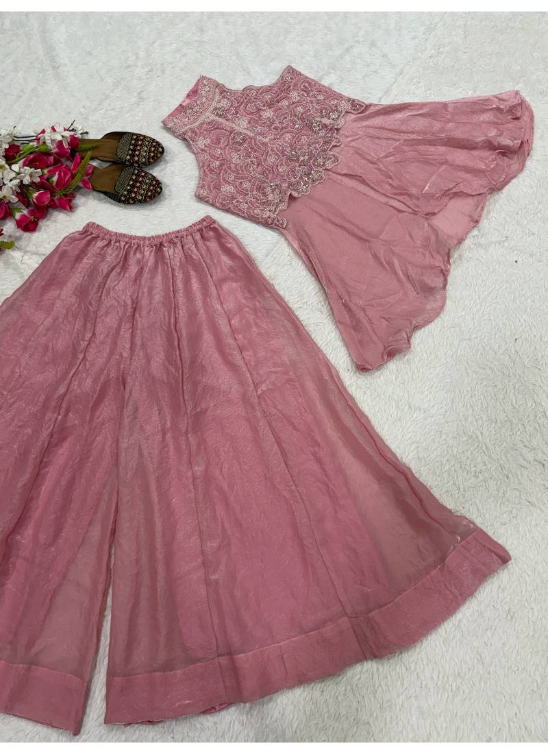 Baby pink embroidery fandy crush full stitched sarara plazo