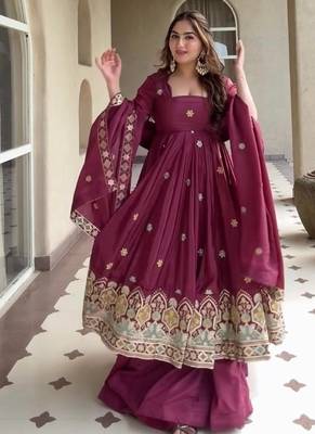 Maroon embroidery crep silk full stitched anarkali suit 3