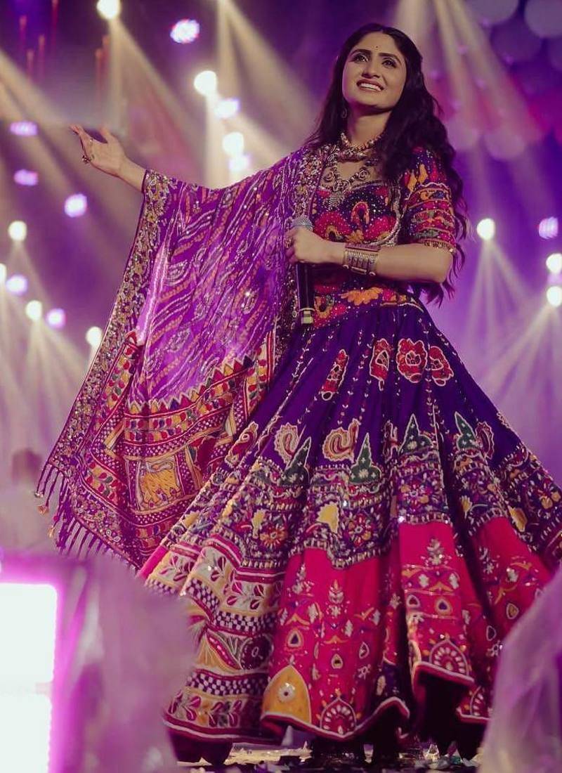 Purple Digital Print & Mirror Cotton Lahenga Choli Set