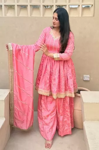 Baby pink embroidery vichitra silk  full stitched sarara plazo