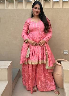 Baby pink embroidery vichitra silk  full stitched sarara plazo 3