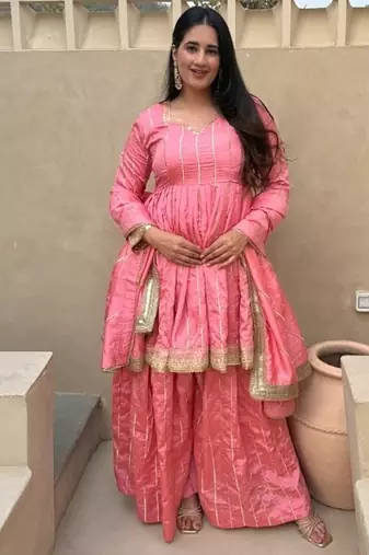 Baby pink embroidery vichitra silk  full stitched sarara plazo