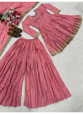 Baby pink embroidery vichitra silk  full stitched sarara plazo 4
