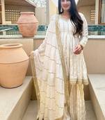 White embroidery vichitra silk  full stitched sarara plazo