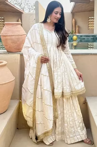 White embroidery vichitra silk  full stitched sarara plazo