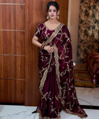 Wine silk blend embroidered saree with sequins work 1