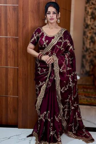 Wine silk blend embroidered saree with sequins work