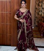 Wine silk blend embroidered saree with sequins work