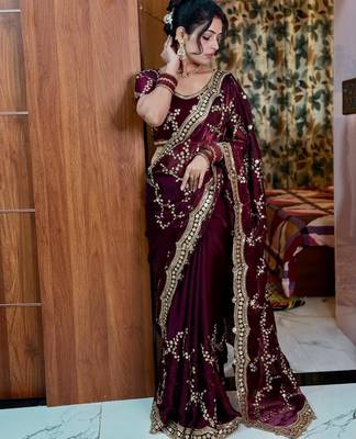 Wine silk blend embroidered saree with sequins work 3