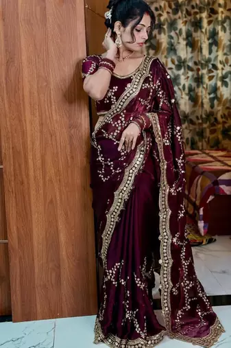 Wine silk blend embroidered saree with sequins work