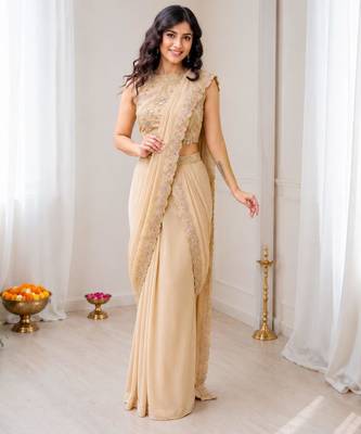 Cream georgette embroidered saree with sequins work 1