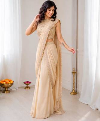 Cream georgette embroidered saree with sequins work 2