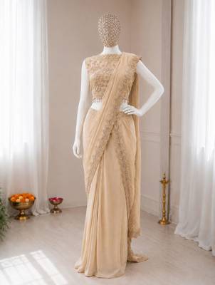 Cream georgette embroidered saree with sequins work 3