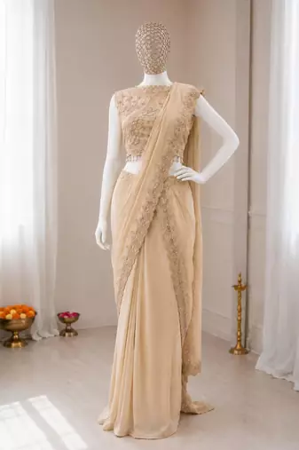 Cream georgette embroidered saree with sequins work