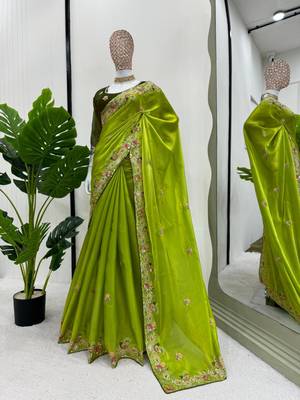 Green silk blend embroidered saree with sequins work 2