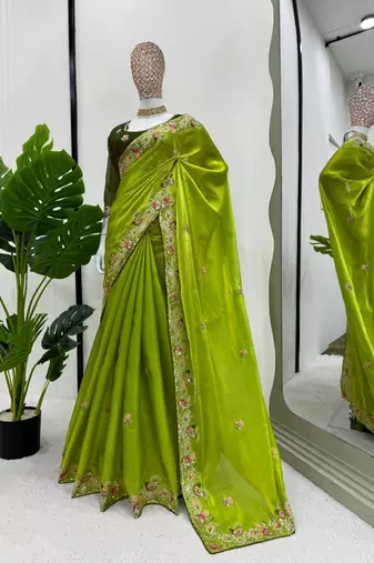 Green silk blend embroidered saree with sequins work