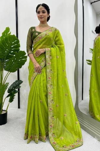 Green silk blend embroidered saree with sequins work