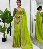 Green silk blend embroidered saree with sequins work