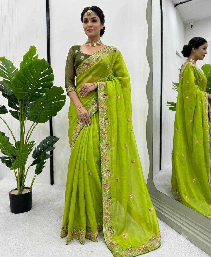 Green silk blend embroidered saree with sequins work