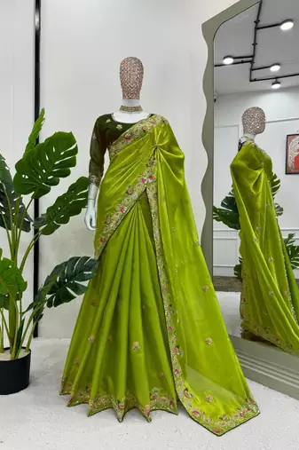 Green silk blend embroidered saree with sequins work