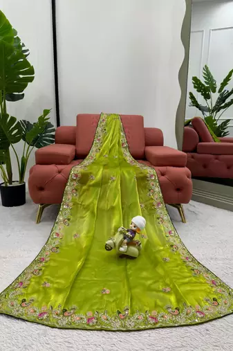Green silk blend embroidered saree with sequins work