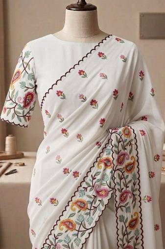 White georgette embroidered saree with thread work