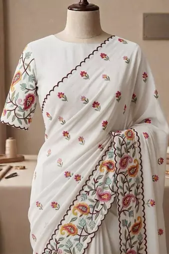 White georgette embroidered saree with thread work