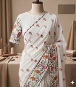 White georgette embroidered saree with thread work