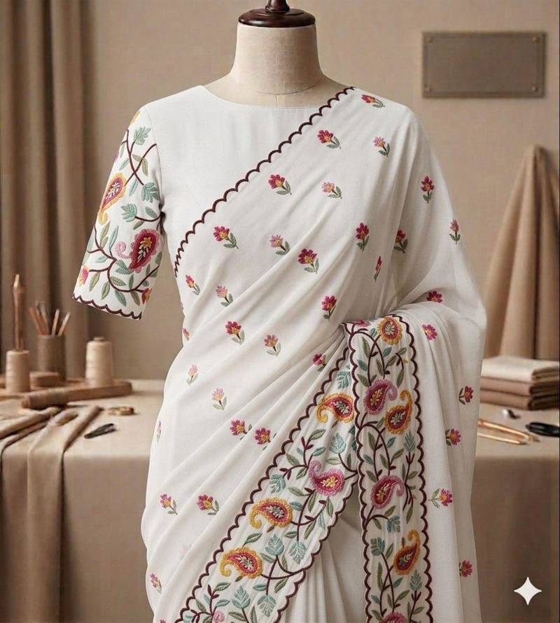 White georgette embroidered saree with thread work