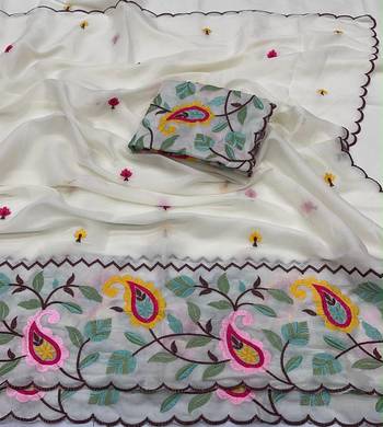 White georgette embroidered saree with thread work 2