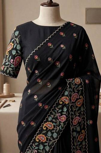 Black georgette embroidered saree with thread work